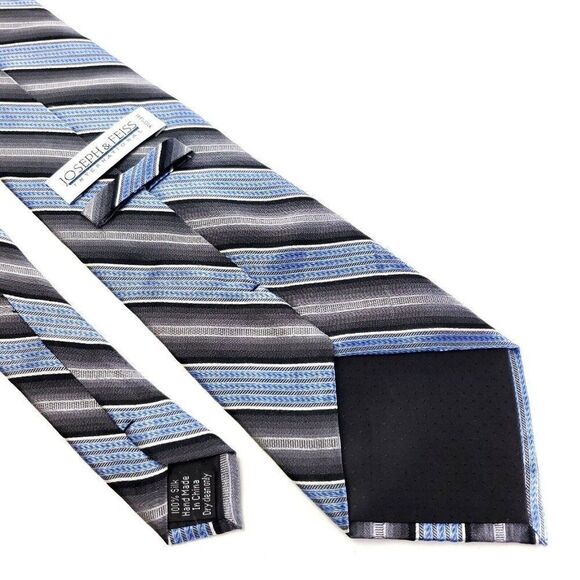 Joseph Feiss International Woven Gray Blue Striped Silk Tie Wide‎ - Picture 5 of 6